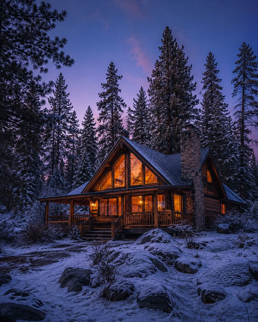 A cozy wooden cabin with large windows glows warmly amid tall pine trees and snowy ground at dusk, with a purple and pink sky in the background.