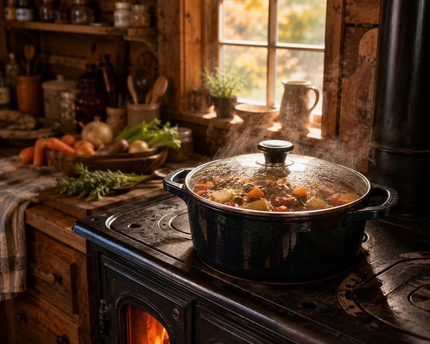 A steaming pot of stew with vegetables cooks on a wood-burning stove in a rustic kitchen, with sunlight coming through a window and fresh produce on the counter.