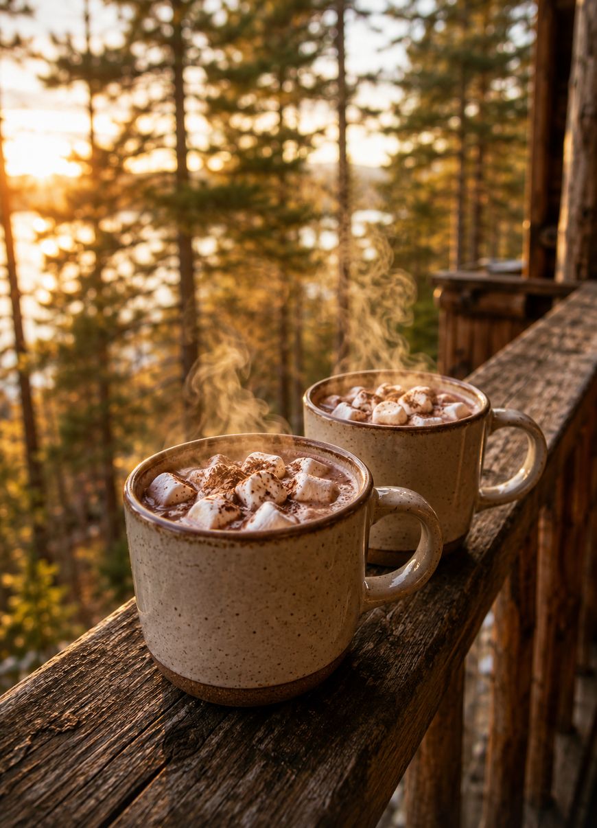 Two steaming mugs of hot chocolate with marshmallows sit on a rustic wooden railing, overlooking a forest with sunlight streaming through the trees in the background.