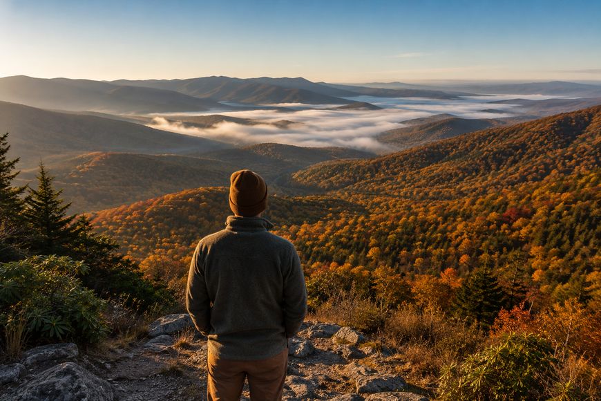 A person wearing a brown hat and jacket stands on a rocky overlook, gazing at a scenic mountain landscape filled with autumn-colored trees and low-lying morning fog under a clear sky.