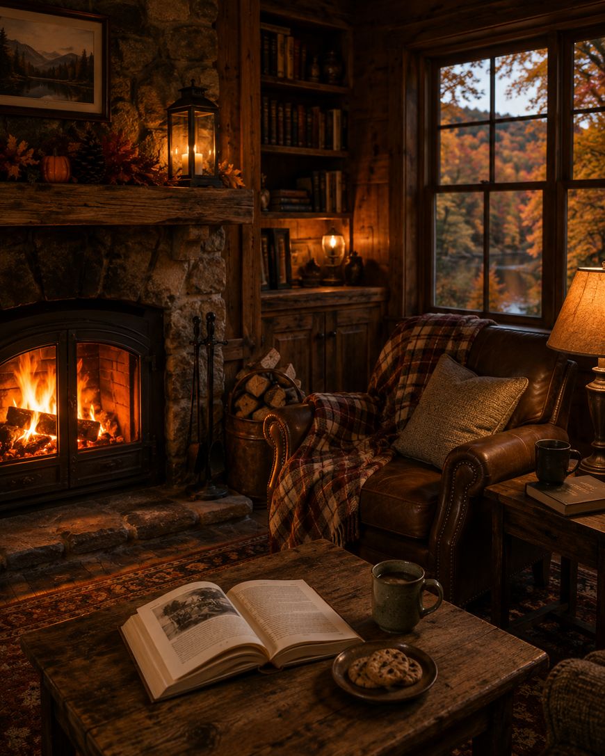 A cozy rustic room with a lit fireplace, a leather armchair draped with a plaid blanket, a side table holding a mug and lamp, and an open book with cookies on a wooden coffee table; autumn trees are visible through the window.