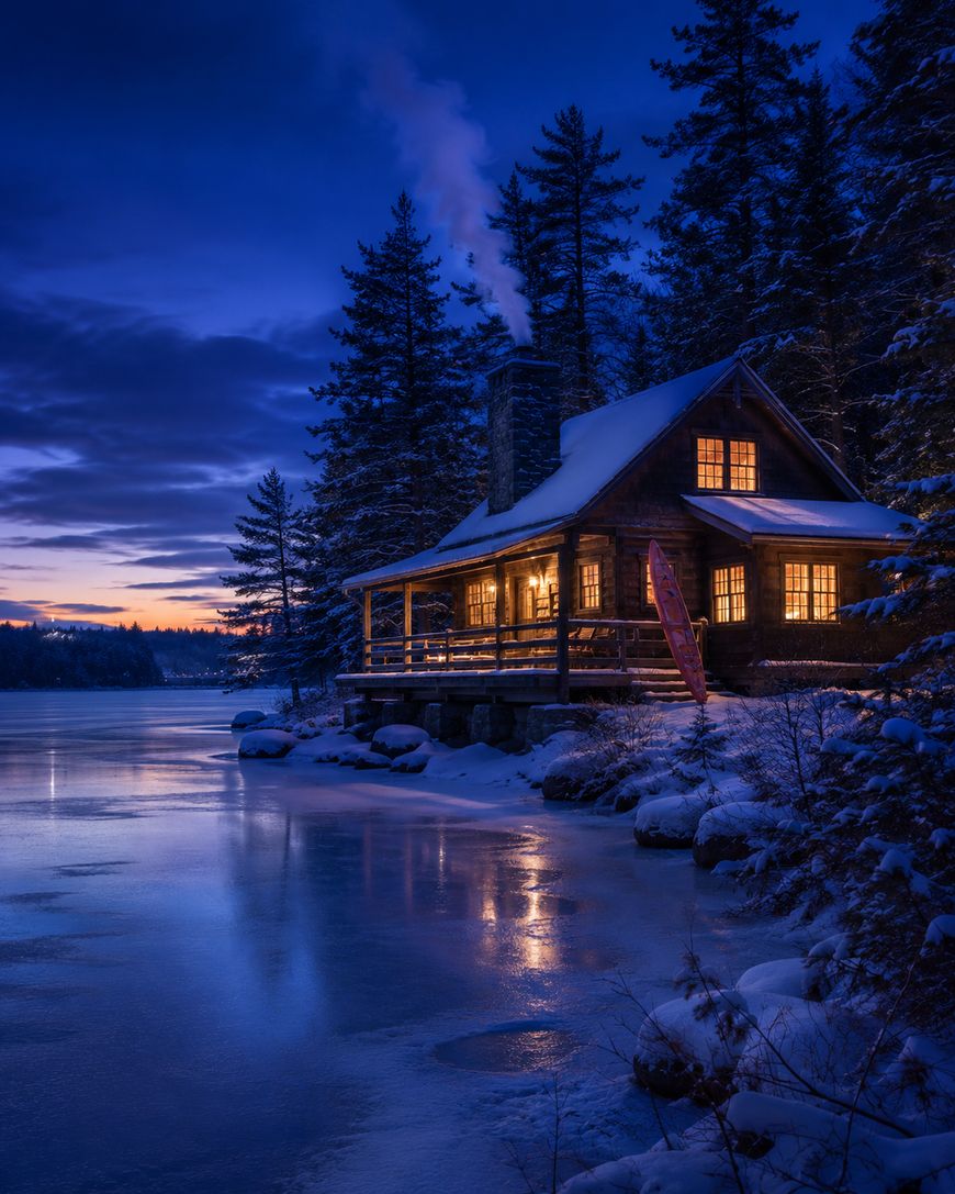 A cozy cabin with glowing windows sits by a frozen lake, surrounded by snow-covered trees at dusk. Smoke rises from the chimney, and the sky is a deep blue with hints of sunset colors in the distance.