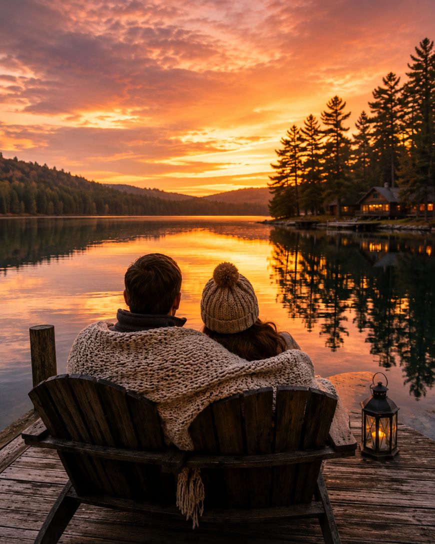 A couple wrapped in a blanket sits on wooden chairs by a lake, watching a vibrant orange sunset. Pine trees and a cozy cabin with lights are reflected in the calm water; a lantern sits beside them on the dock.