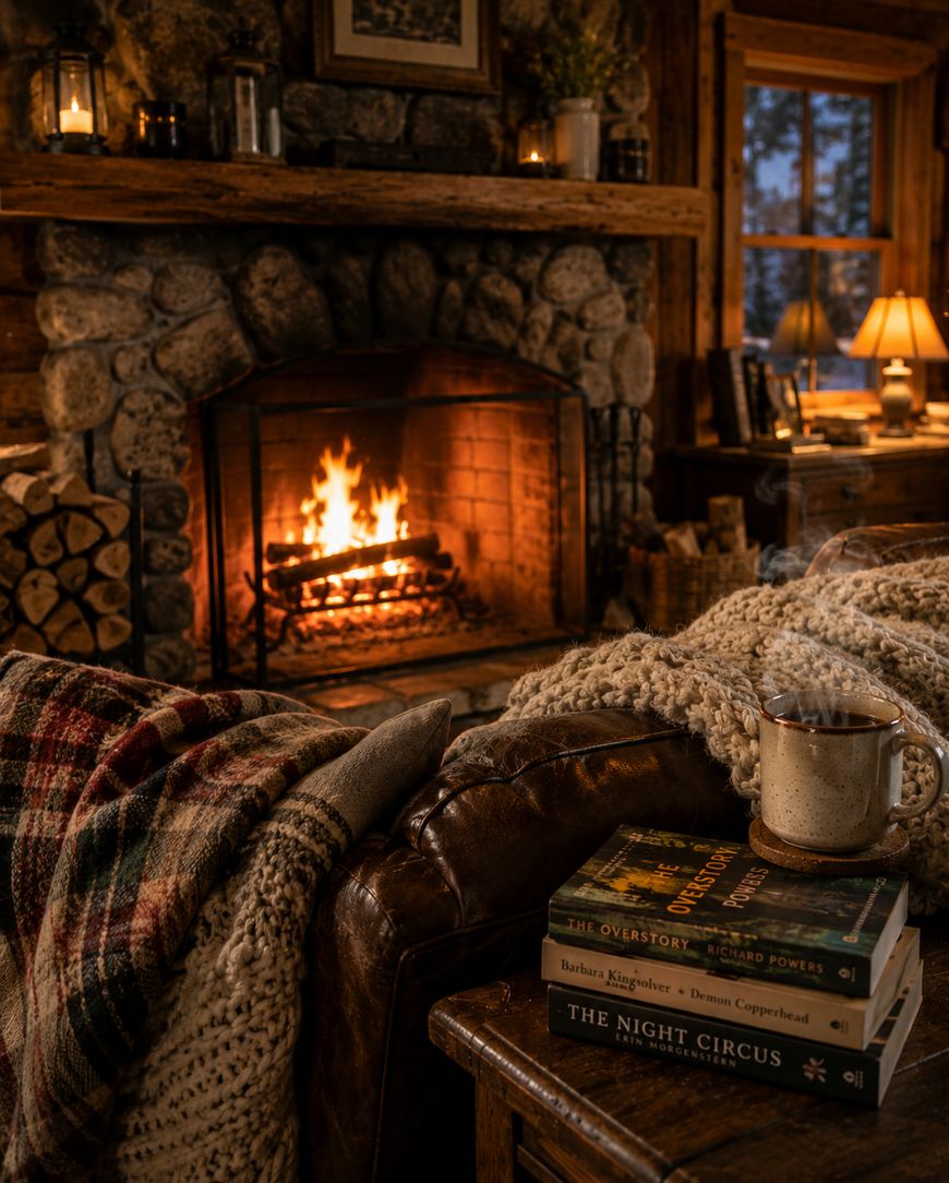 A cozy log cabin living room with a stone fireplace burning brightly, a plaid blanket and knit throw on a leather couch, a stack of books, and a mug of coffee on a side table. Warm lamp light and wood accents fill the space.