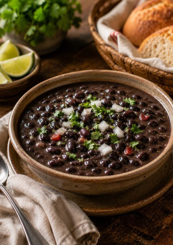 A bowl of Cuban black bean soup, inspired by a classic Cuban black beans recipe, is topped with chopped onions and cilantro. It sits on a rustic table beside a spoon, napkin, lime wedges, and a basket of sliced bread.