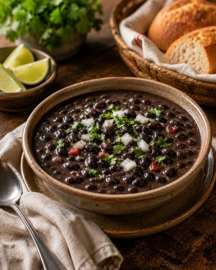A bowl of Cuban black bean soup, inspired by a classic Cuban black beans recipe, is topped with chopped onions and cilantro. It sits on a rustic table beside a spoon, napkin, lime wedges, and a basket of sliced bread.