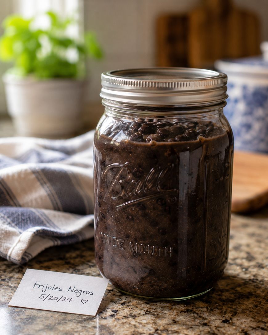 A glass jar filled with black beans sits on a kitchen counter next to a handwritten note that reads Frijoles Negros 5/20/24 with a heart. A striped towel and a potted plant are in the background.