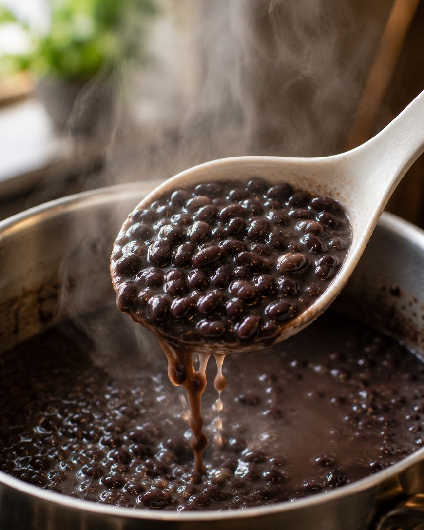 A white spoon lifts steaming cooked black beans from a pot filled with dark, simmering broth. Steam rises into the air, suggesting the beans are hot and freshly prepared.