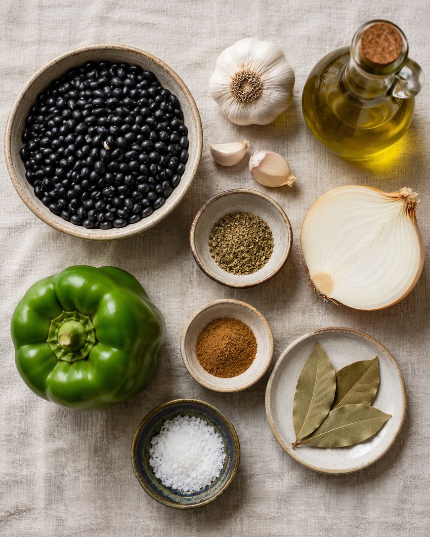 A flat lay of cooking ingredients on a cloth: a bowl of black beans, a whole garlic bulb with cloves, a bottle of olive oil, half an onion, a green bell pepper, ground spices, bay leaves, and a dish of coarse salt.