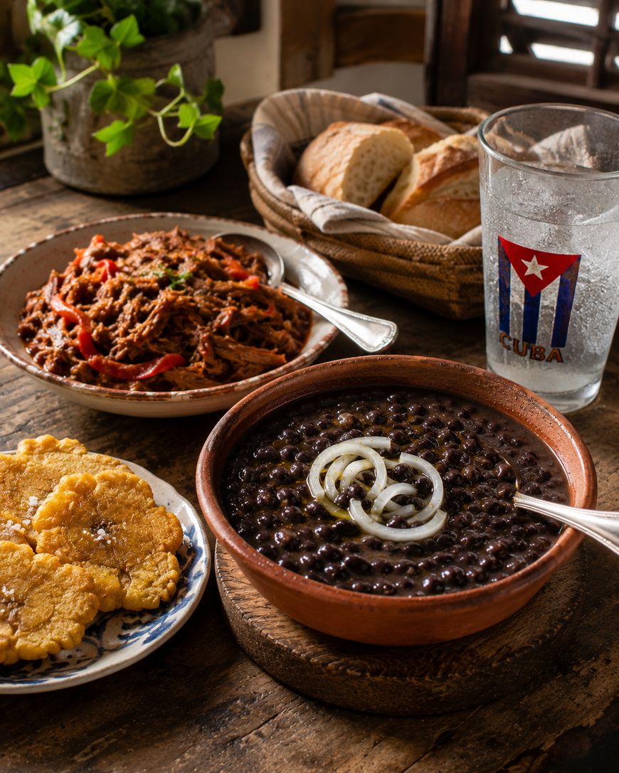 A wooden table set with Cuban food: a bowl of black beans garnished with onions, a plate of shredded beef with peppers, fried plantains, a basket of bread, and a glass with the Cuban flag design.