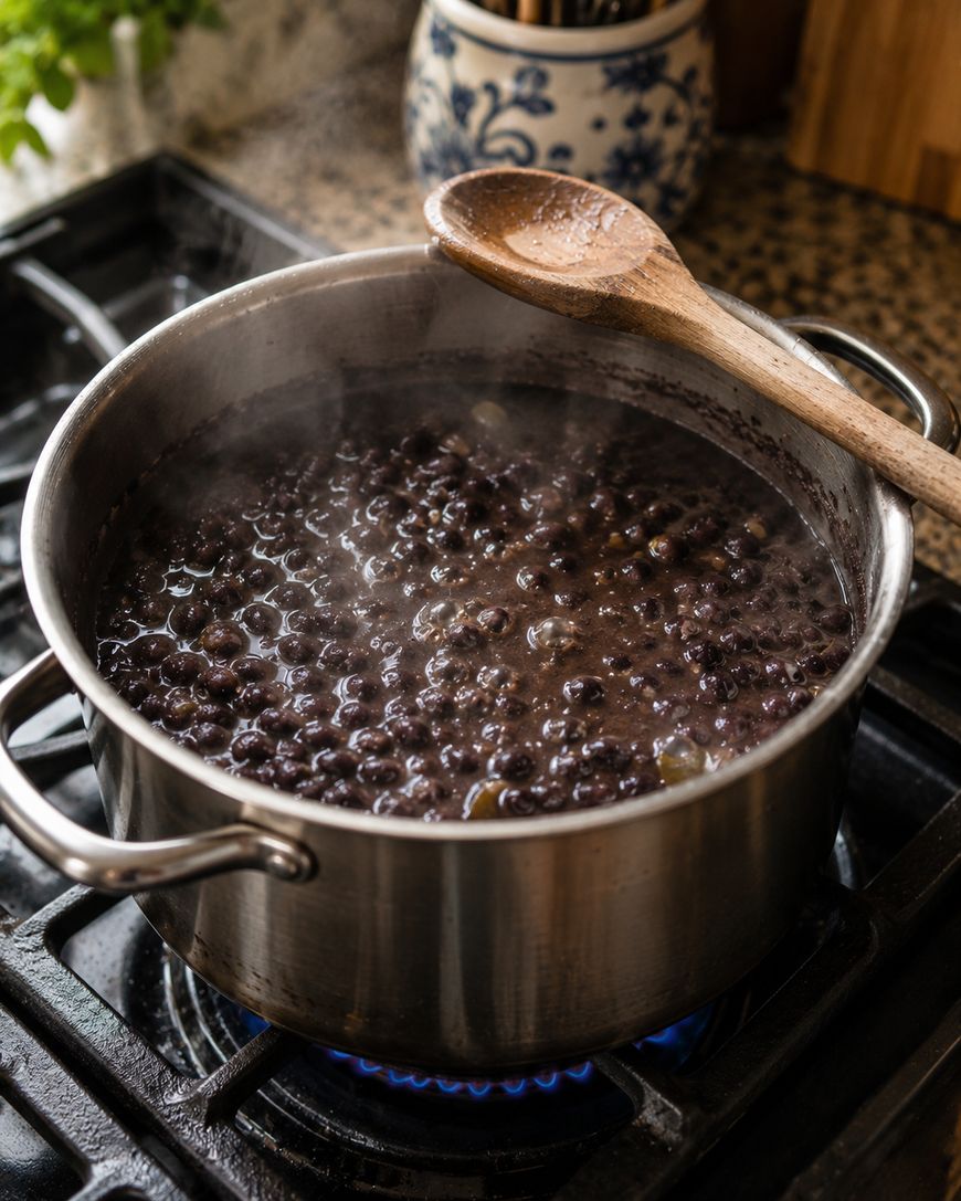 A pot of black beans simmering on a stovetop, with steam rising and a wooden spoon resting across the top of the pot. The scene is set in a kitchen with a patterned utensil holder in the background.