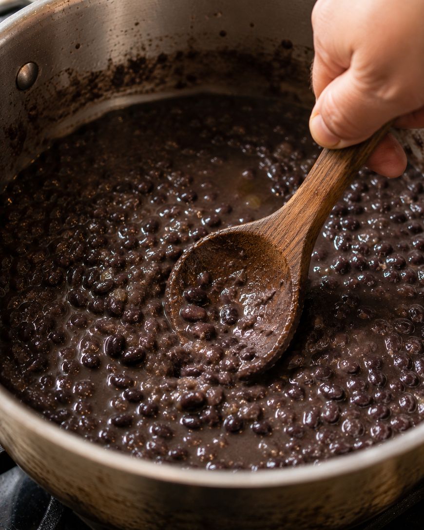 A hand stirs a pot of cooked black beans with a wooden spoon. The beans are simmering in a thick, dark liquid on a stovetop.