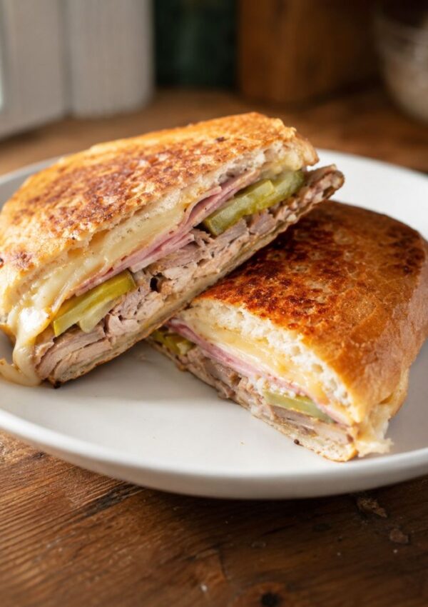 A Cuban sandwich cut in half on a white plate, showing layers of roast pork, ham, pickles, Swiss cheese, and mustard inside toasted, golden-brown bread—an irresistible classic from any authentic Cuban sandwich recipe.