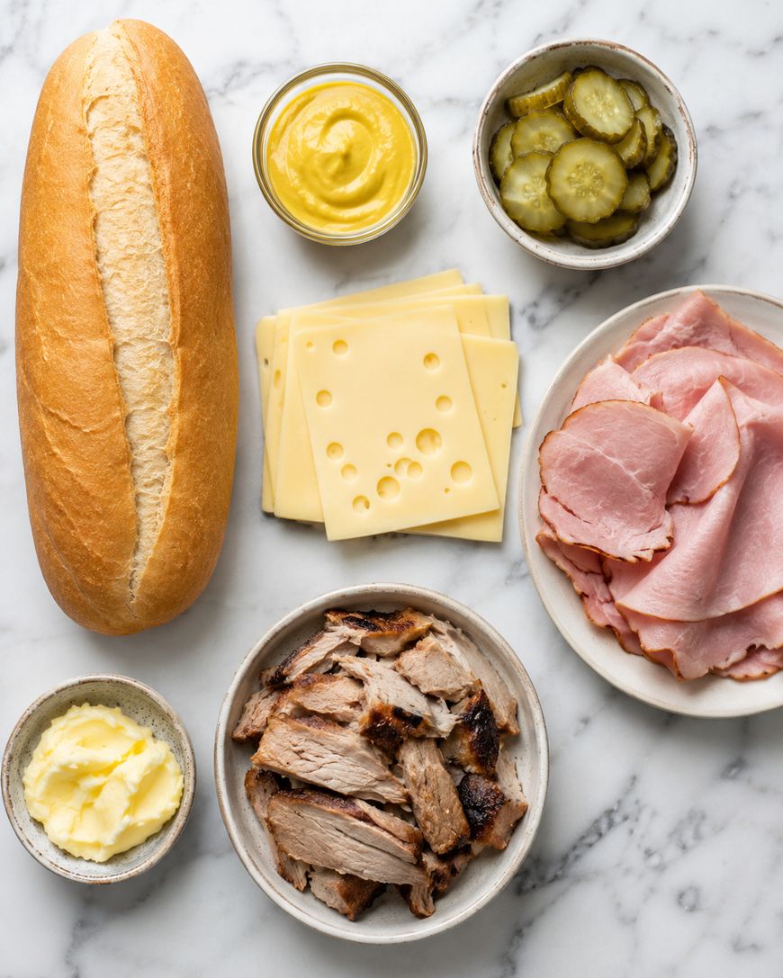 A loaf of bread, slices of Swiss cheese, ham, roast pork, pickles, yellow mustard, and butter are arranged in small bowls and plates on a white marble surface.