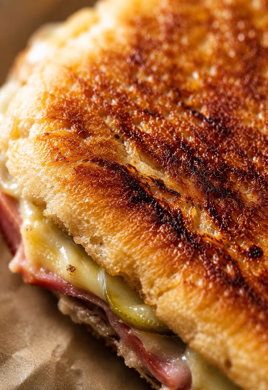 Close-up of a toasted sandwich with melted cheese, slices of ham, and pickles between golden, crispy bread. The sandwich is sitting on brown parchment paper.