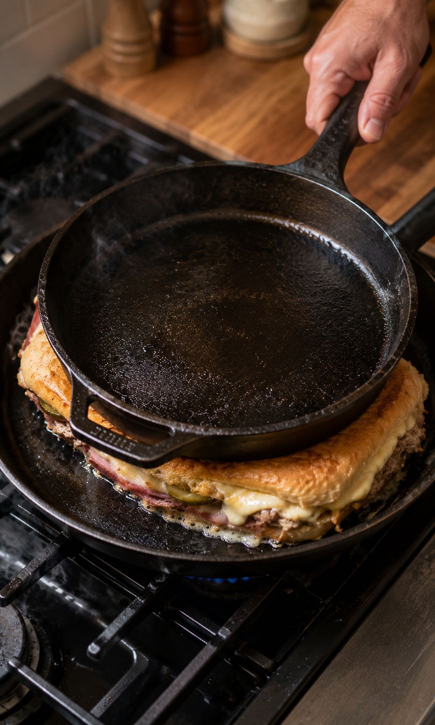 A hand presses a cast iron skillet on top of a sandwich filled with melted cheese and meat, cooking it in another skillet on a stove.