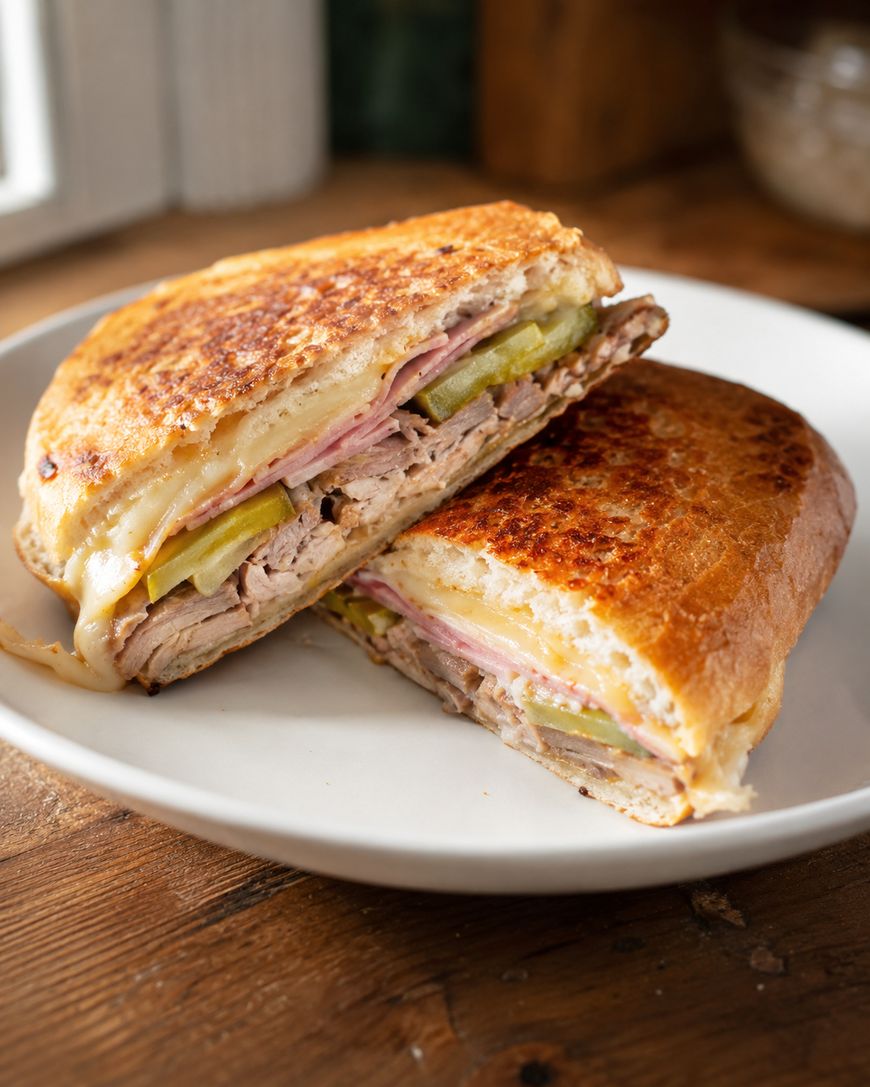 A close-up of a Cuban sandwich cut in half, showing layers of roast pork, ham, pickles, and melted cheese on toasted bread, served on a white plate.