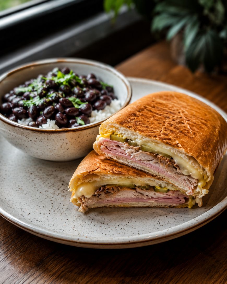 A plate with a Cuban sandwich cut in half, filled with layers of ham, roast pork, cheese, and pickles, next to a bowl of white rice topped with black beans and chopped herbs.