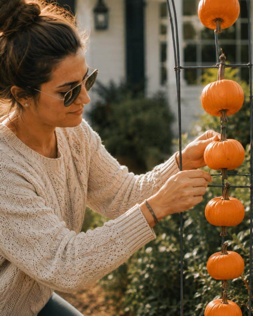 A woman wearing sunglasses and a knitted sweater arranges small pumpkins vertically on a metal garden arch outdoors, with greenery and a house in the background.