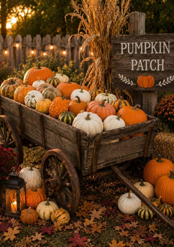 A rustic wooden wagon filled with orange, white, and striped pumpkins sits in a fall-themed yard pumpkin patch, surrounded by autumn leaves, flowers, a lantern, and a Pumpkin Patch sign—perfect inspiration for DIY Pumpkin Patch Ideas in your neighborhood.