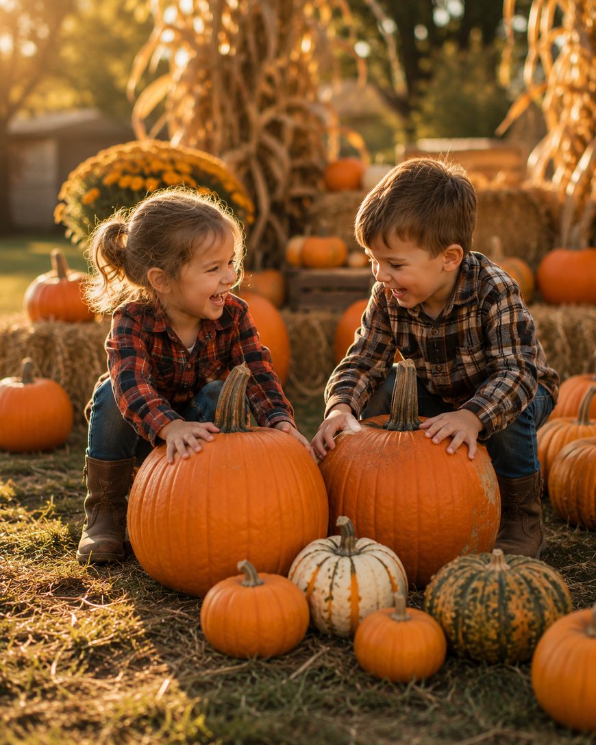 Two young children in plaid shirts smile and play with large pumpkins at a pumpkin patch, surrounded by hay bales, more pumpkins, and autumn decorations in warm sunlight.