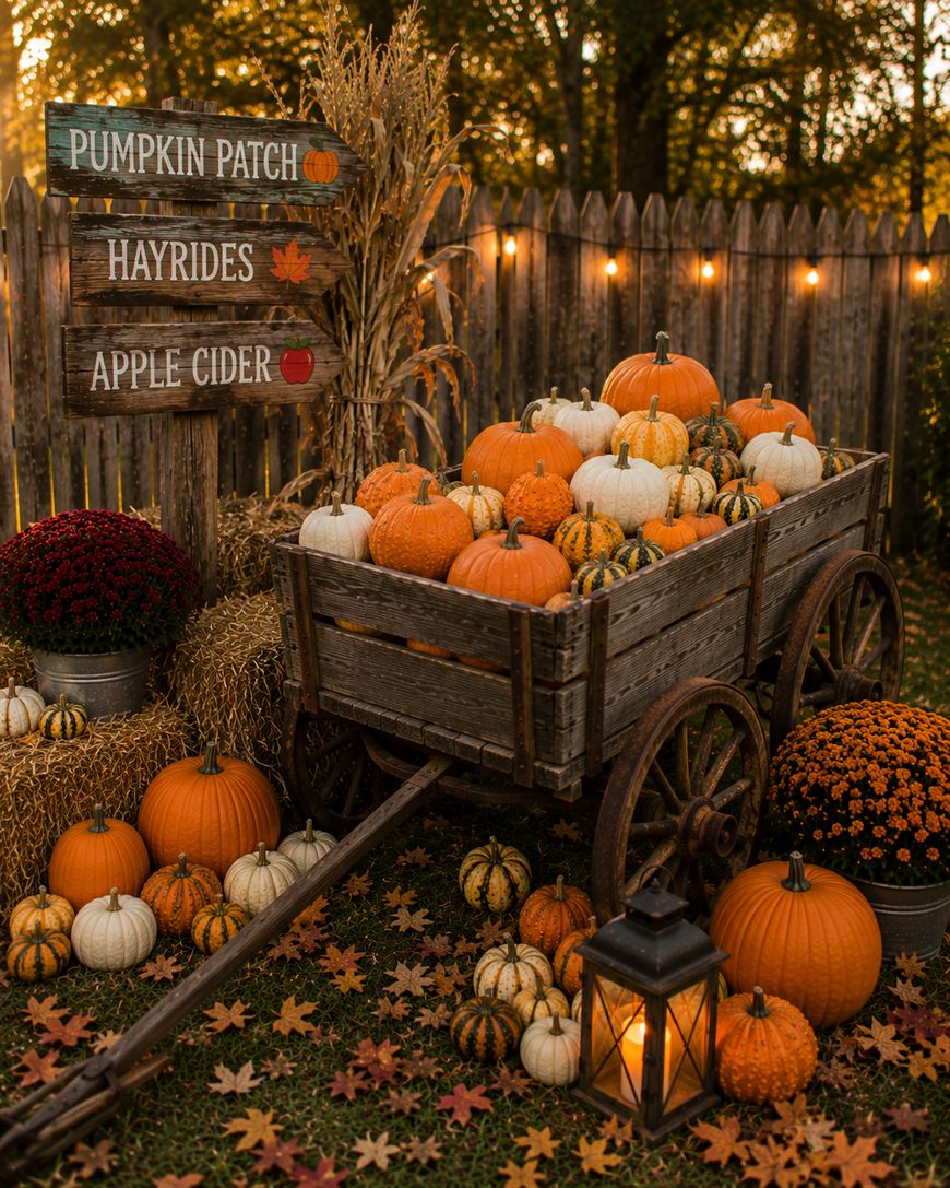 A rustic wooden cart filled with orange and white pumpkins sits on autumn leaves. Nearby are more pumpkins, flowers, a lantern, hay bales, and a wooden sign pointing to a pumpkin patch, hayrides, and apple cider.