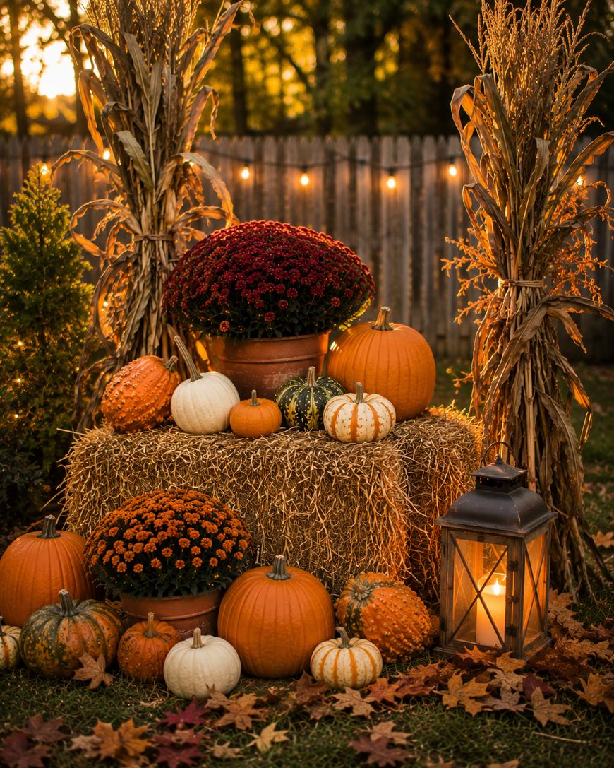 A festive autumn display features pumpkins, gourds, pots of orange and burgundy chrysanthemums, a hay bale, cornstalks, a lit lantern, and fallen leaves, set outdoors with string lights and a wooden fence in the background.