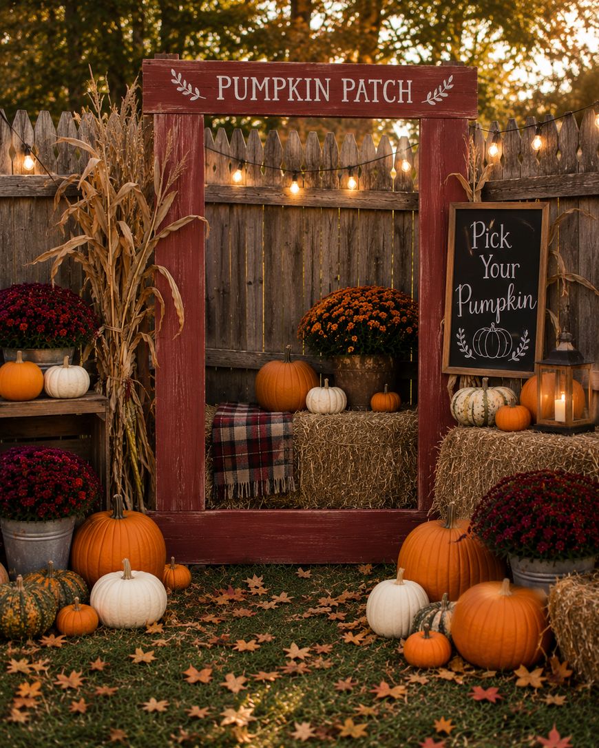 A rustic autumn pumpkin patch setup with hay bales, orange and white pumpkins, mums, corn stalks, string lights, a plaid blanket, and a chalkboard sign reading Pick Your Pumpkin. A wooden frame labeled Pumpkin Patch stands in the center.