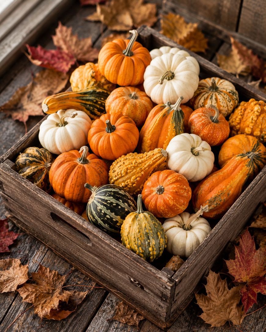 A wooden crate filled with assorted small pumpkins and gourds in orange, white, and green sits on a rustic wooden surface, surrounded by scattered autumn leaves.