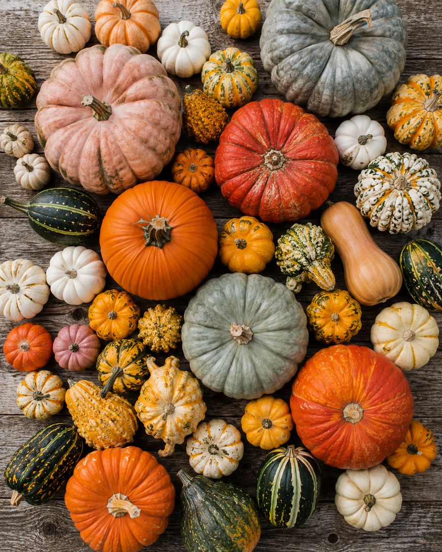 Assorted pumpkins and gourds in various shapes, sizes, and colors—orange, green, white, and yellow—are arranged on a rustic wooden surface, creating an autumnal harvest display.