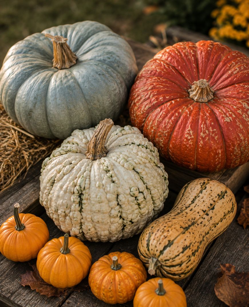 Various pumpkins and gourds in different shapes, sizes, and colors—orange, pale green, white with bumps, and striped—are arranged on a rustic wooden surface with straw, evoking an autumn harvest scene.