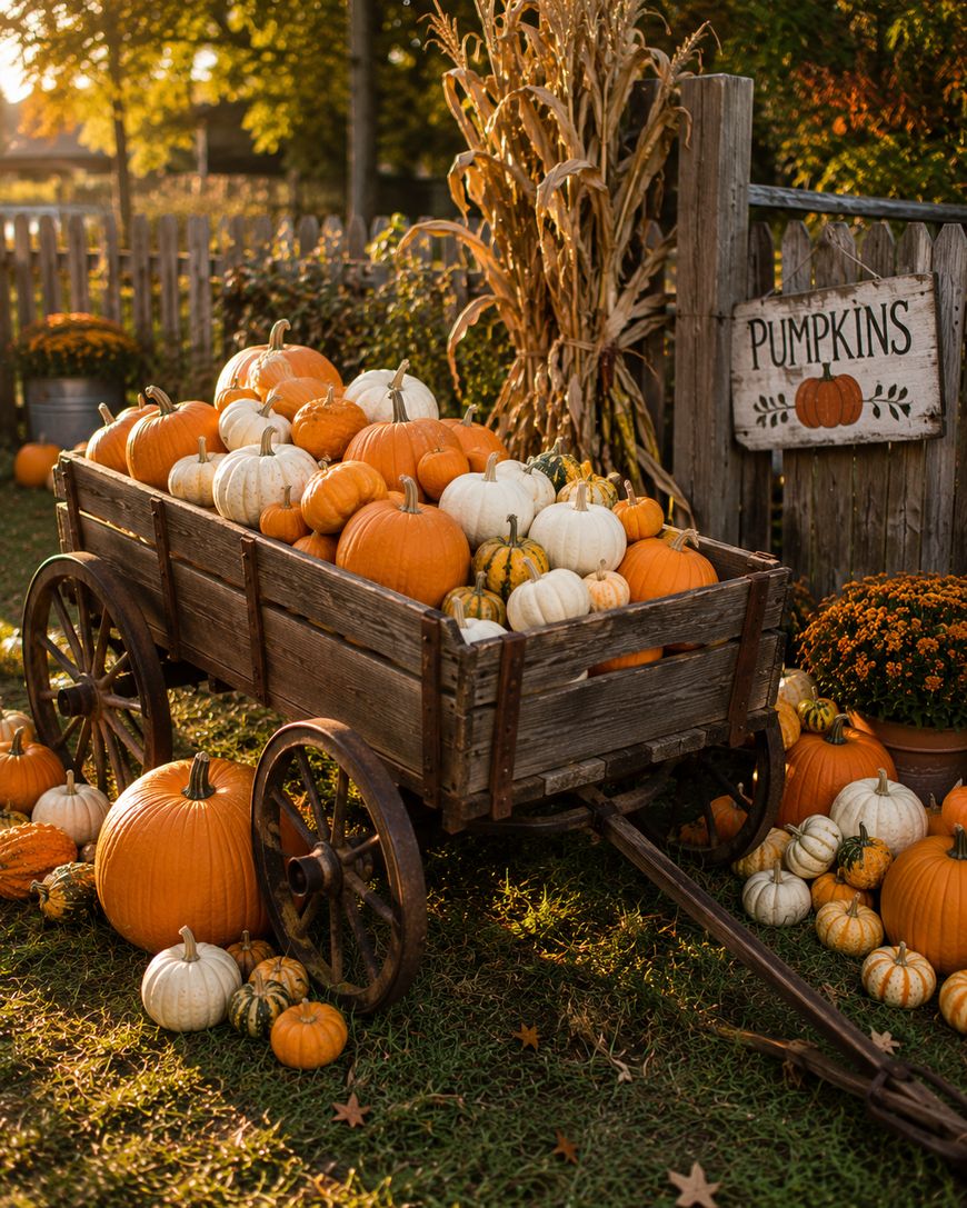 A rustic wooden wagon filled with orange and white pumpkins sits on grass near a wooden fence, sunflowers, and a sign that reads “Pumpkins.” Autumn sunlight creates a warm, festive fall atmosphere.