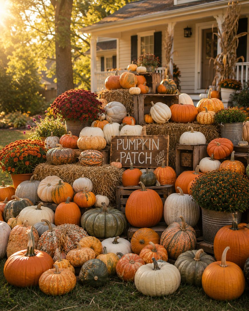 A festive pumpkin patch display with orange, white, and green pumpkins stacked on hay bales and wooden crates, with a sign reading Pumpkin Patch in front of a house on a sunny autumn day.