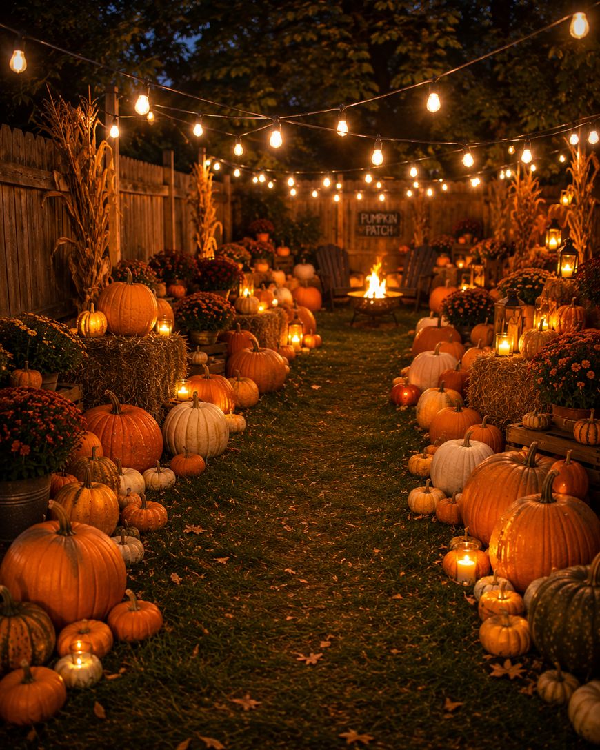 A cozy outdoor pathway lined with pumpkins, hay bales, and lanterns, illuminated by string lights. In the background, two chairs face a small fire near a sign that says “Pumpkin Patch.” It’s a festive autumn scene.