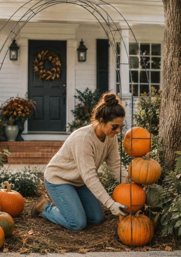 A woman in a sweater and jeans kneels on the ground, stacking pumpkins on a metal frame in a yard decorated for fall, with a house and a wreath on the front door in the background.