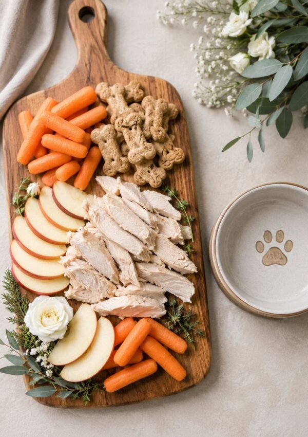 A wooden board with sliced chicken, apple slices, baby carrots, dog bone treats, and flowers—perfect Dog wedding ideas. Next to it is an empty dog bowl with a paw print inside, surrounded by greenery and white flowers for a dog friendly wedding.