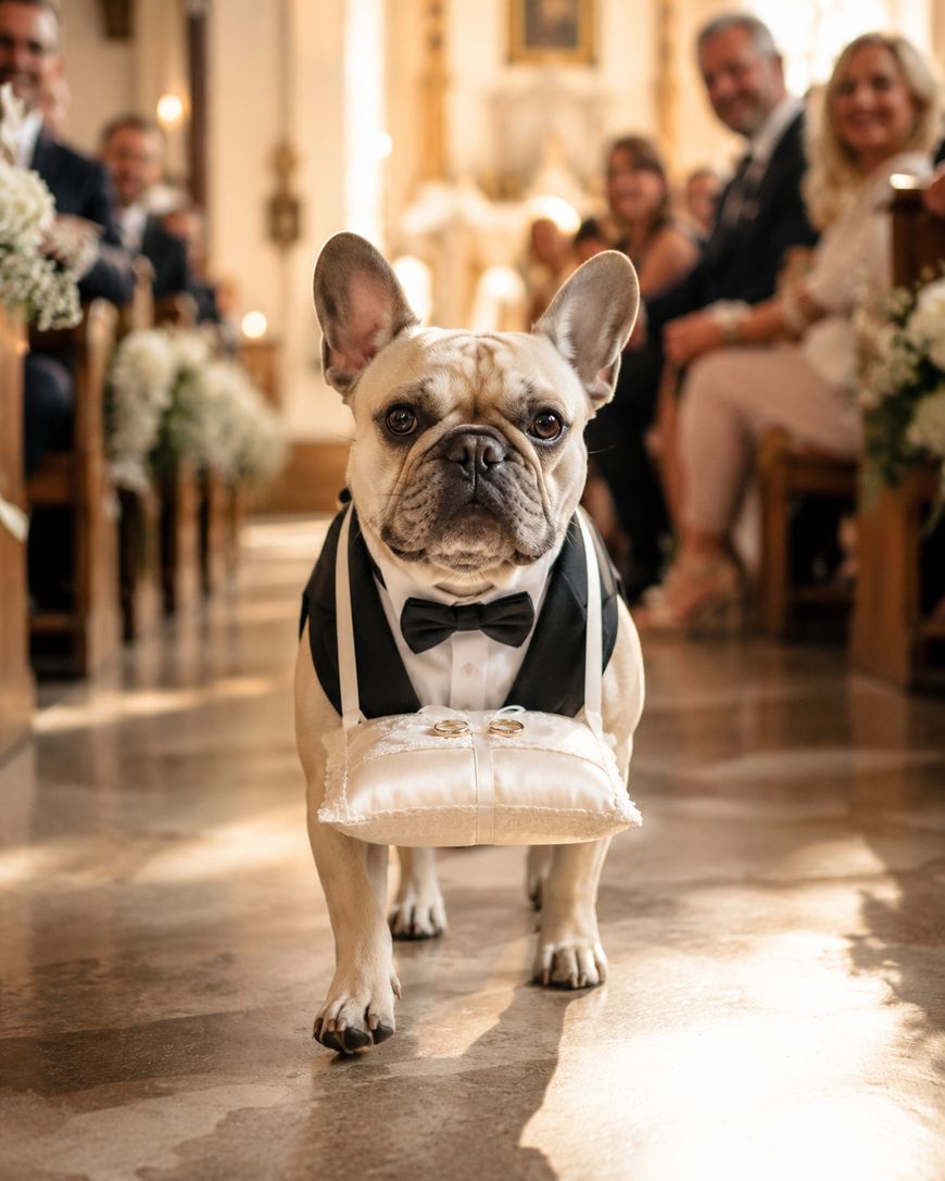 A French Bulldog dressed in a tuxedo and bow tie walks down a church aisle carrying a ring pillow, with wedding guests smiling and watching in the background.