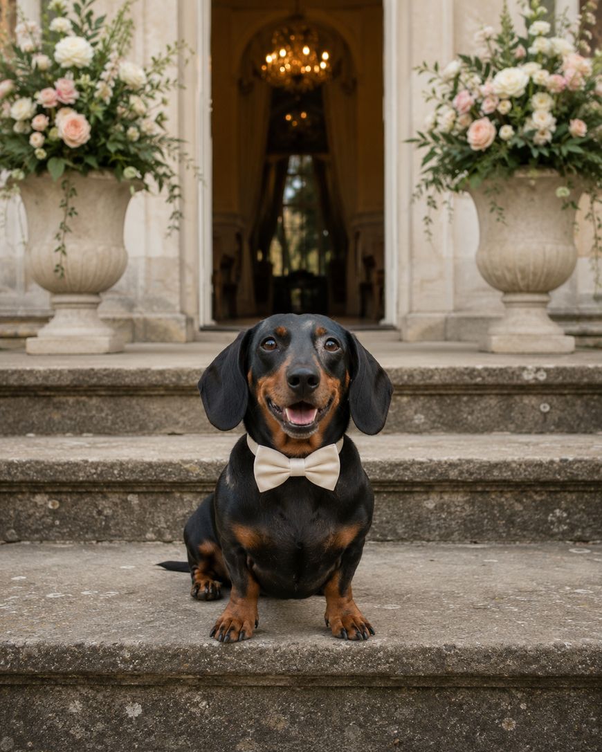 A black and brown dachshund wearing a cream-colored bow tie sits on stone steps in front of a grand entrance with large flower arrangements on either side.