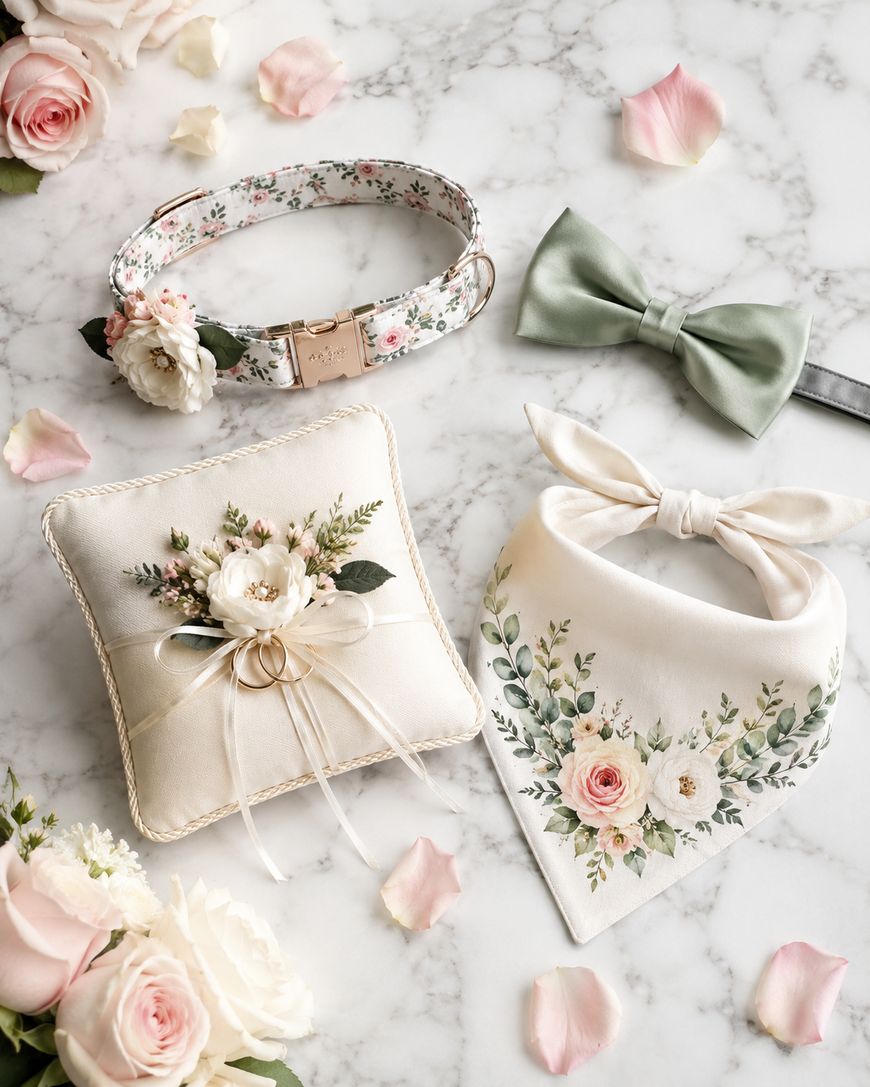 Floral dog collar, sage green bow tie, ring bearer pillow with flowers, and floral bandana are displayed on a marble surface surrounded by rose petals and white roses.