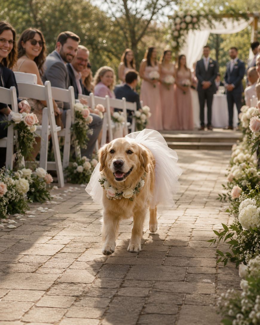 A golden retriever wearing a white veil and floral collar walks down an outdoor wedding aisle, surrounded by smiling guests seated among flowers. Bridesmaids and groomsmen stand at the altar in the background.