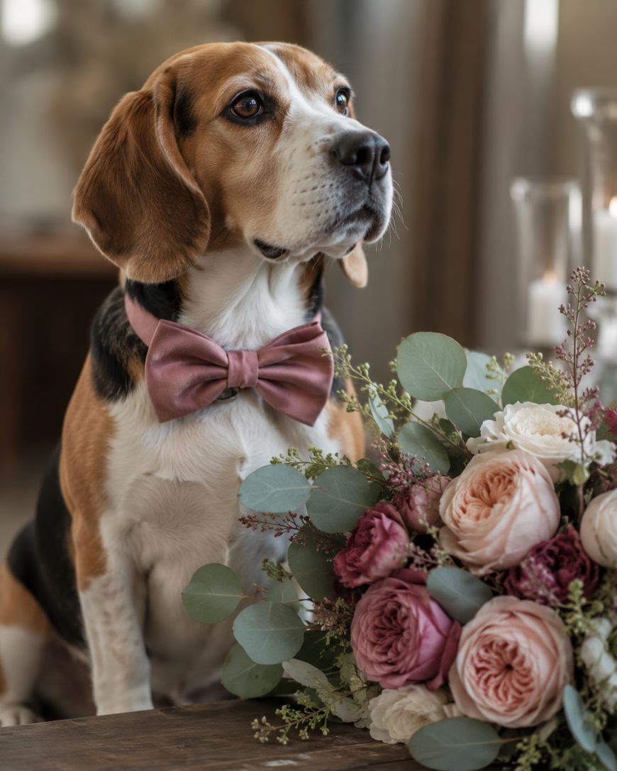 A beagle wearing a mauve bow tie sits beside a bouquet of pink and white roses, greenery, and small flowers. The setting appears elegant and softly lit, creating a warm, sophisticated atmosphere.