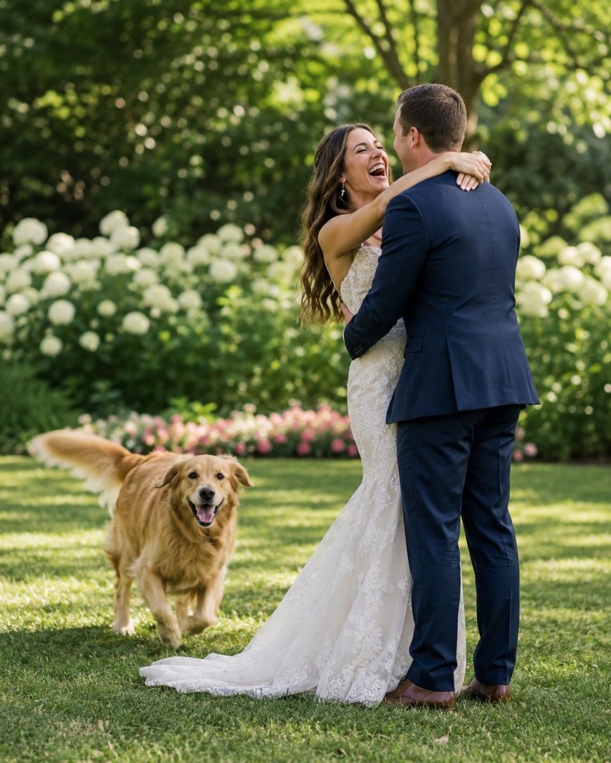 A bride and groom embrace and smile at each other in a garden, while a happy golden retriever runs toward them. White flowers and greenery fill the background.