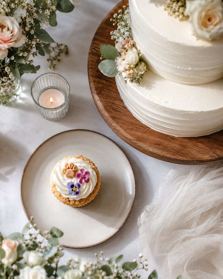 A white-frosted cake decorated with flowers sits on a wooden stand, surrounded by floral arrangements, a lit candle, and a cupcake topped with cream and small flowers on a plate.