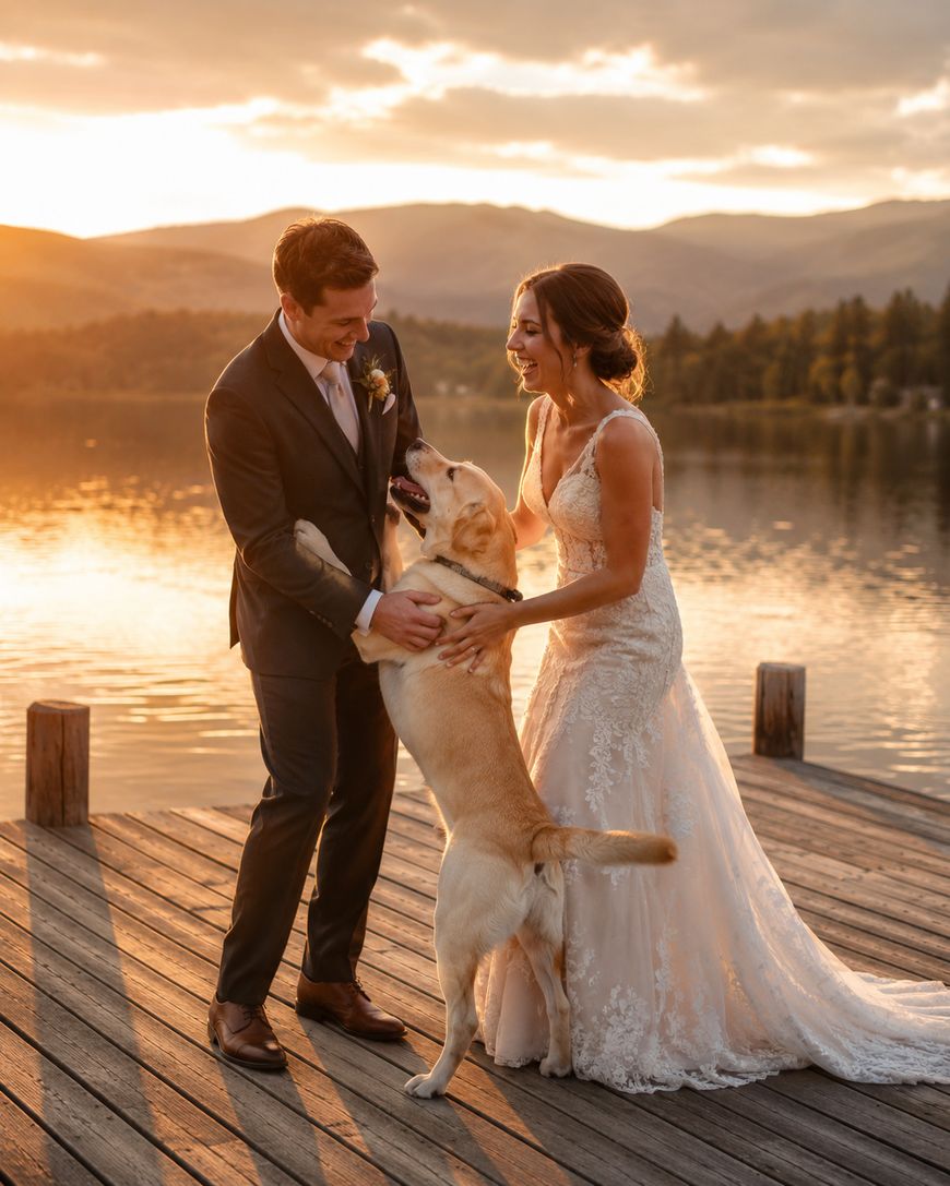 A bride and groom stand on a wooden dock at sunset, smiling and petting a happy yellow Labrador dog that has its paws on the groom’s chest. A lake and mountains are visible in the background.