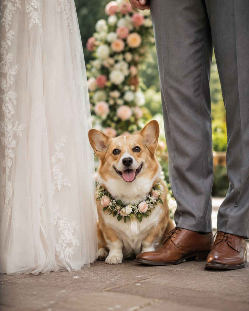 A happy corgi wearing a flower garland sits between a bride in a lace gown and a groom in grey pants and brown shoes at an outdoor wedding with floral decorations in the background.