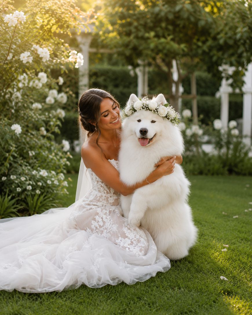 A bride in a white lace wedding dress hugs a fluffy white dog wearing a flower crown. They sit on green grass in a garden with blooming white flowers and sunlight in the background.