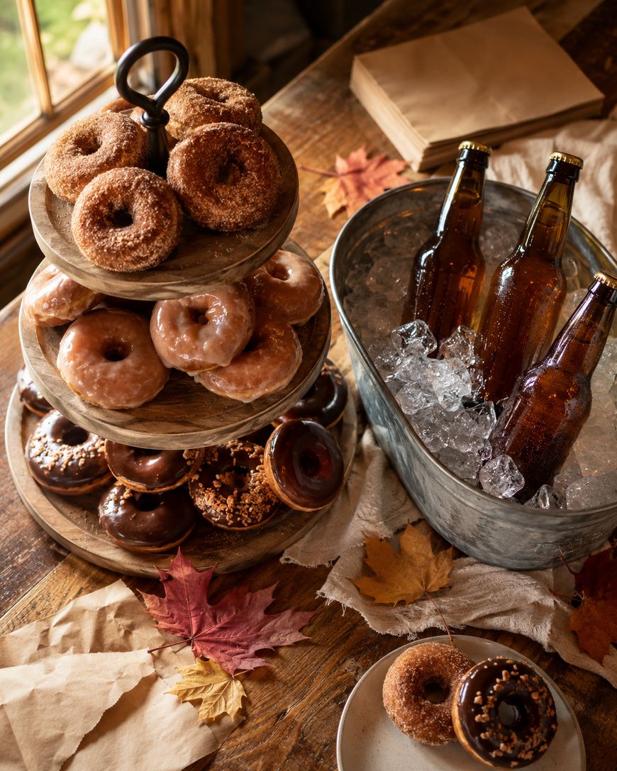 A three-tiered wooden stand holds cinnamon sugar, glazed, and chocolate donuts. Nearby is a metal tub with ice and bottled drinks, surrounded by autumn leaves on a rustic wooden table.