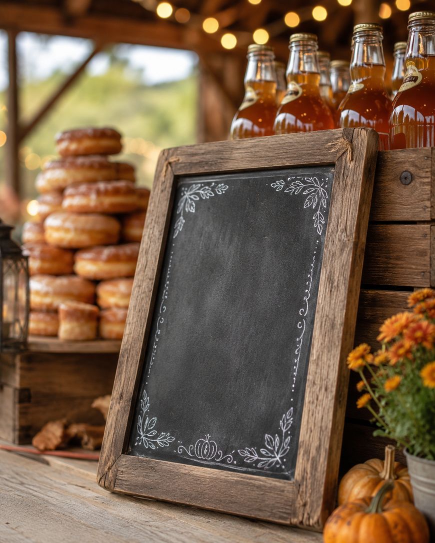 A rustic wooden-framed chalkboard sits on a table next to stacked glazed donuts, bottles of amber-colored drink, pumpkins, and a bouquet of autumn flowers, with string lights and greenery in the background.