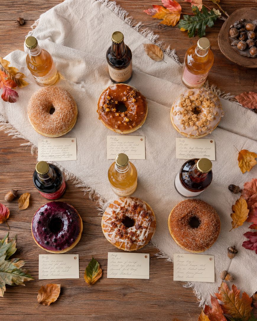 A flat lay of six donuts paired with six bottles of cider, each set arranged on a rustic table with autumn leaves and nuts. Handwritten cards with pairings sit below each donut and cider combination.