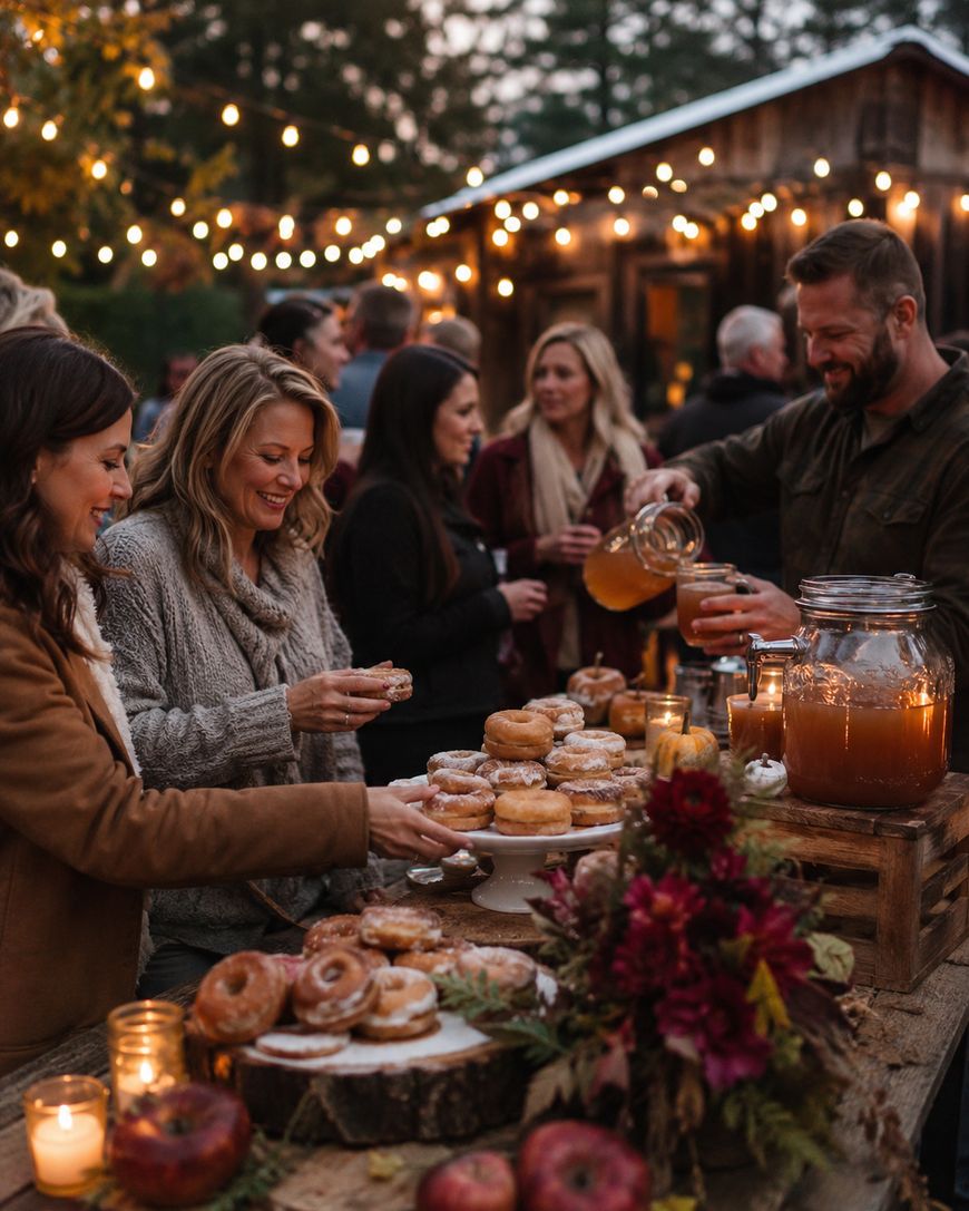 A group of people gather outdoors at dusk, enjoying donuts and cider around a rustic wooden table decorated with candles, flowers, and apples. String lights hang overhead, creating a warm, festive atmosphere.